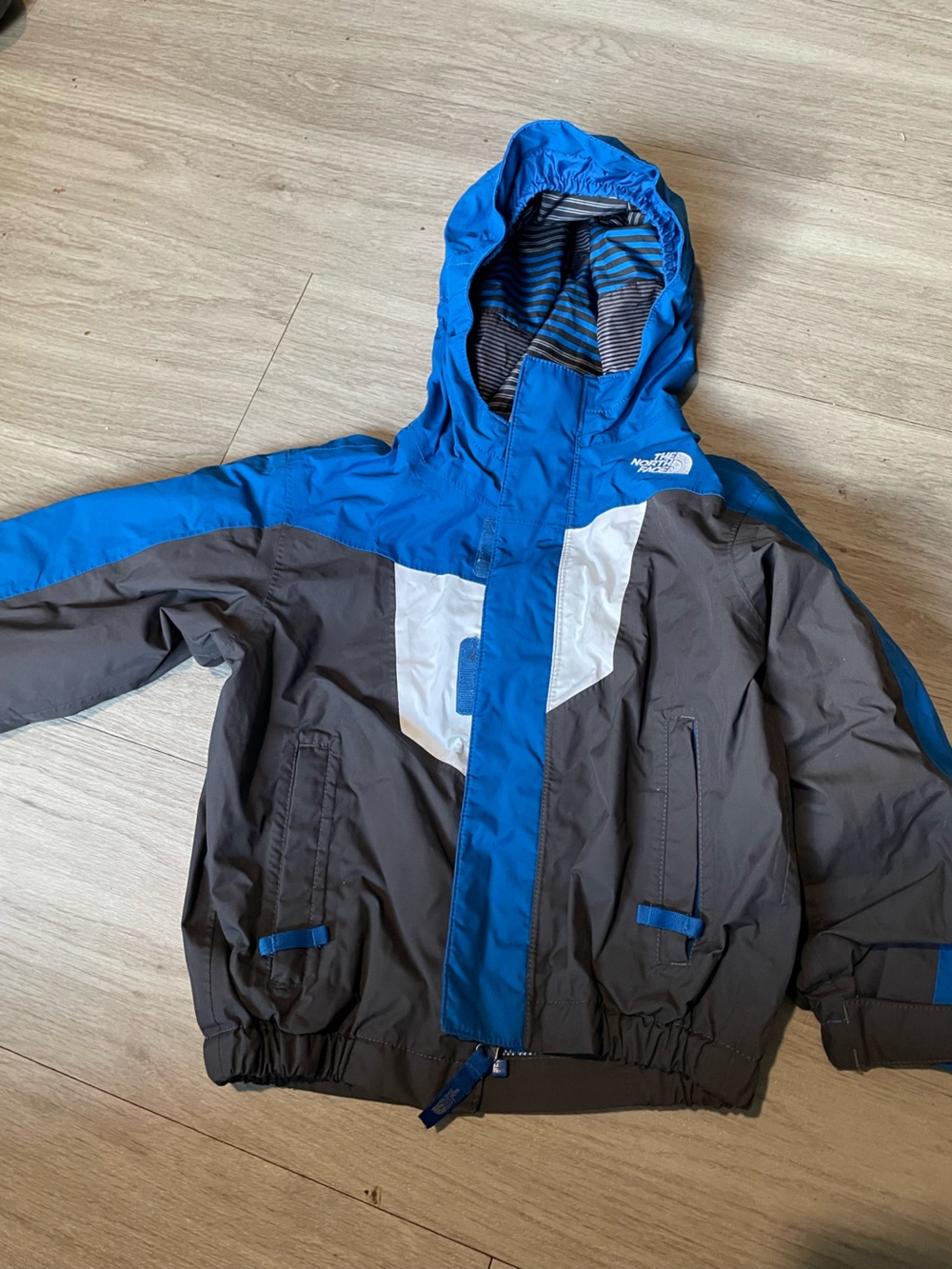 The North Face Kids Blue, Gray & White Hooded Rain Jacket